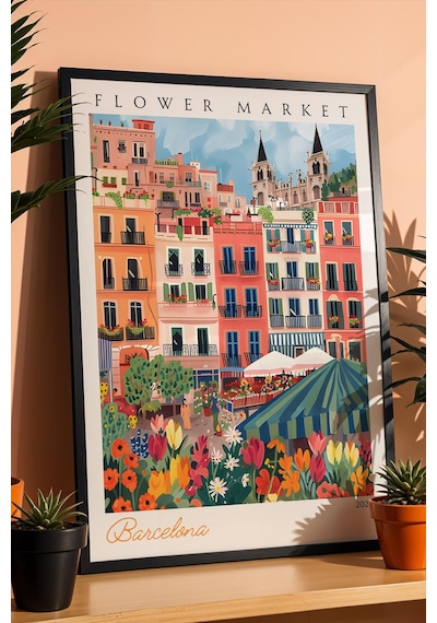 Barselona İspanya Çerçeveli Tablo Seyahat Severlere Salon Ve Ofis İçin Estetik Duvar Dekoru Travel Flower Market