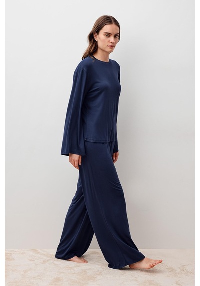 Uzun Kollu Oversize Basic Likralı Viskoz Alt Üst Takım 20210 Lacivert