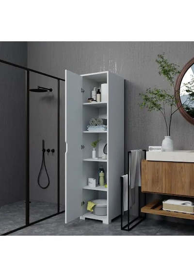 Duru 40 Cm Mat Beyaz 5 Raflı Kiler Tek Kapılı Banyo Ve Elbise Dolabı - Gardırop Beyaz