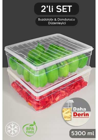 Meleni Home Şeffaf Kapak Düzenleyici Organizer Derin Mikrodalga Uyumlu Erzak Gıda Saklama Kabı Set 2'li 5300 ML Şeffaf