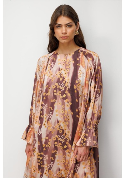 Desenli Mizalle Floral Detaylı Maksi Elbise Çok renkli