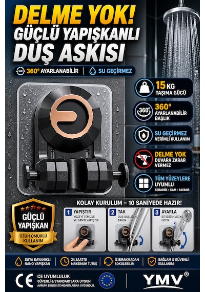 Ymv Yapışkanlı Duş Başlığı Askısı Mafsallı Ayarlanabilir Duş Tutacağı Delme Gerektirmeyen Güçlü Duvar Aparatı Gri