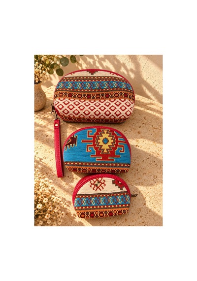 Badufa Home Etnik Kilim Desenli Fermuarlı El Askılı Makyaj Ve Organizer Çantası-3farklı Boy Pembe-bej Pembe-bej