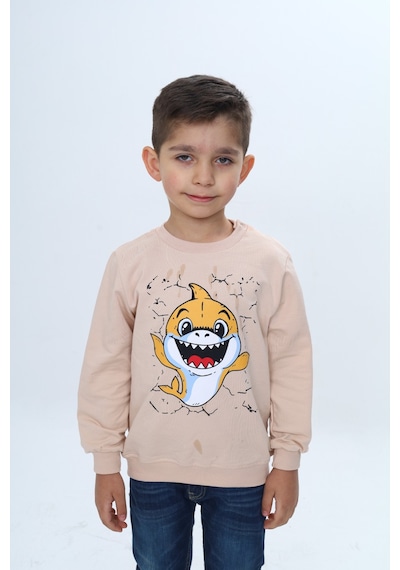 Toontoy Kids Toontoy Erkek Çocuk Çıtçıtlı Köpek Balığı Baskılı Sweatshirt Bej