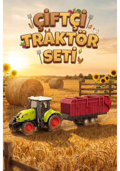 Römorklu Oyuncak Traktör - Hareketli Kasalı Çiftlik Seti - Yeşil Tarım Aracı 24 Cm