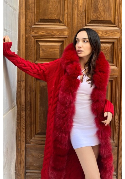 Lava Design Triko Hırka & Uzun Triko Hırka & Kadın Triko Hırka Örgülü Kırmızı