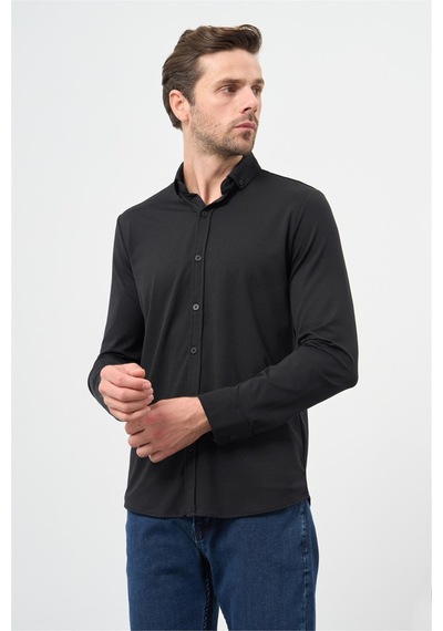 İmza Siyah Uzun Kol Düz Örme Smart Düğmeli Yaka Classic Slim Fit Gömlek 1004245160 Siyah