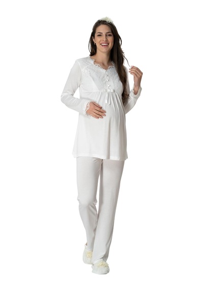 Mecit Pijama Mecit 5416 Ekru Uzun Sabahlıklı Lohusa Pjama Takımı