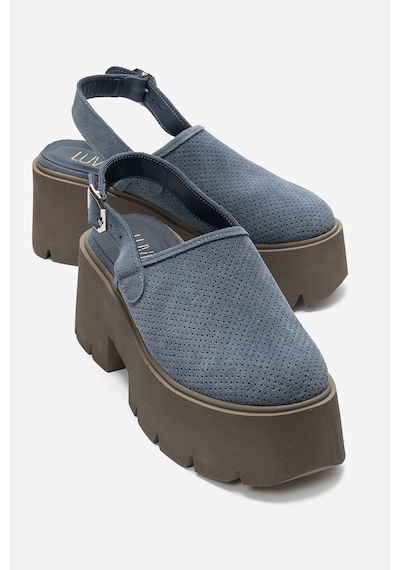Luvi Shoes Caldrıs Kot Mavi Süet Hakiki Deri Önü Kapalı Kalın Platform Tabanlı Kadın Sandalet
