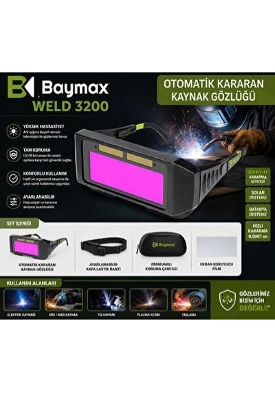 Baymax Bx3200 Otomatik Kararan Kaynak Gözlüğü - Colormatik Güneş Enerjili Otomatik Kararma Sensörlü Kaynakçı G
