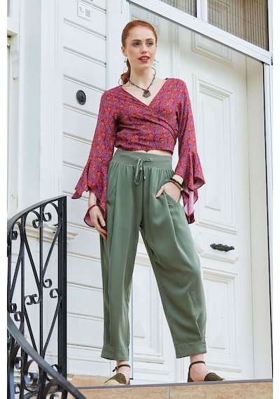 Los Banditos Bağcıklı Bel Cepli Bol Kesim Kadın Otantik Şalvar Pantolon Haki