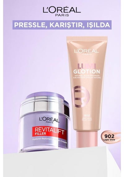 L'Oréal Paris Revitalift Filler Nemlendirici Yüz Kremi 50 Ml + Glotion Doğal Işıltı 902 Light Glow 40 Ml pktpresscreamakyaj2-11257
