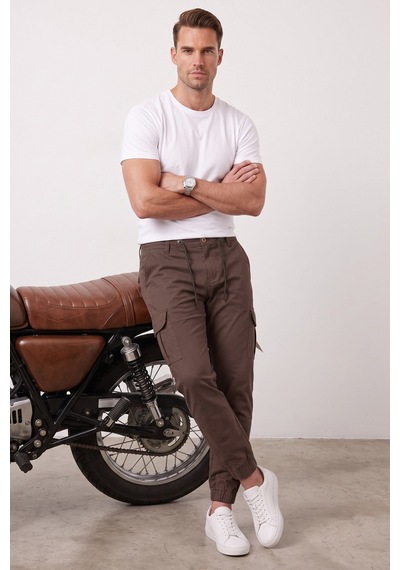 Rizzup Erkek Slim Fit Likralı Kahve Kargo Jogger Pantolon İpli Bel Lastikli Paça 1601569