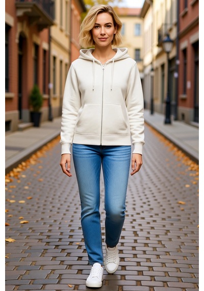 Ersefa Kadın Üç İplik Kapüşonlu Tam Fermuarlı Sweatshirt Hoodie Metal Fe beyaz