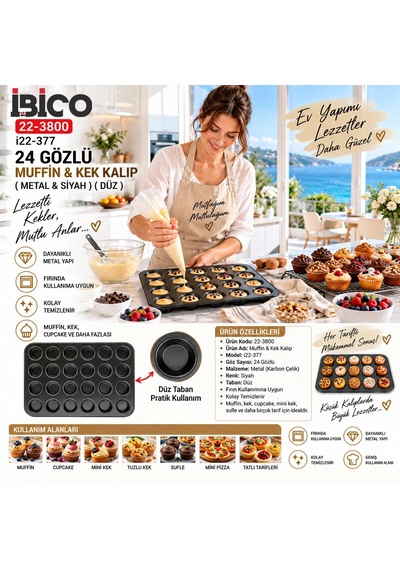 24 Gözlü Metal - Siyah Düz Muffin - Kek Kalıp 5468 Çok Renkli