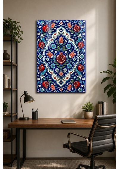 Osmanlı Çini Desenli Baskılı Cam Tablo Nar Ve Lale Motifli Uv Baskı Duvar Dekoru