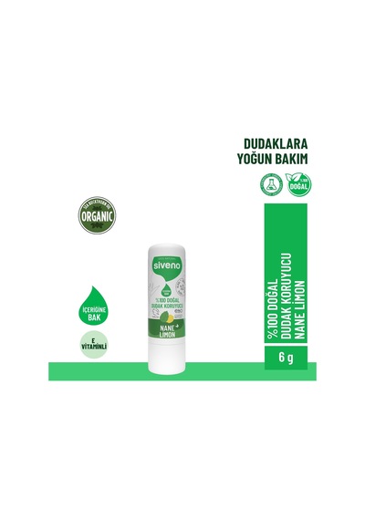 %100 Doğal Dudak Koruyucu Nane & Limon Bitkisel Lipbalm Krem Nemlendirici Parlatıcı Onarıcı 6 G