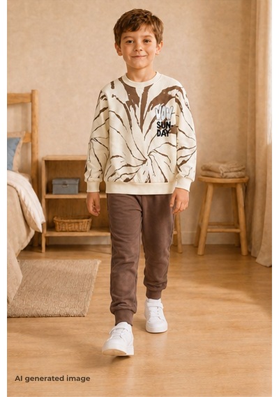 Pina Kids Erkek Çocuk Batik Desenli Okul Günlük Eşofman Takımı Esf7037 Kahverengi