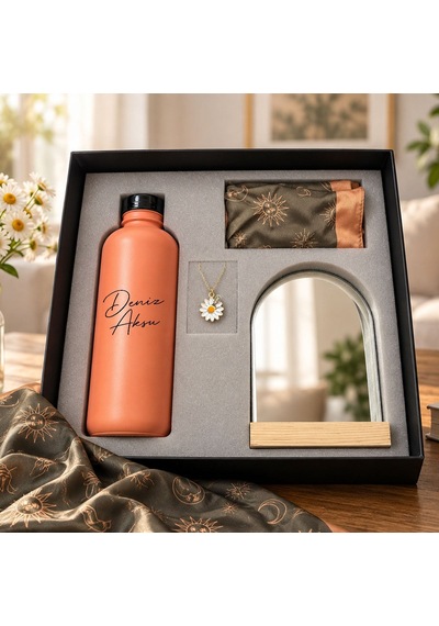 Bk Gift Kişiye Özel İsimli Turuncu Cam Suluk & Papatya Kolye & Ayna & Fular - Özel Hediye Kutulu Set-1