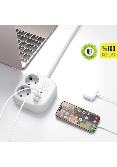 Polosmart Mp23 2 Prizli Uzatma Kablosu 2 Usb + Type-c Çıkışlı 2 Metre Akım Korumalı Beyaz 2 M