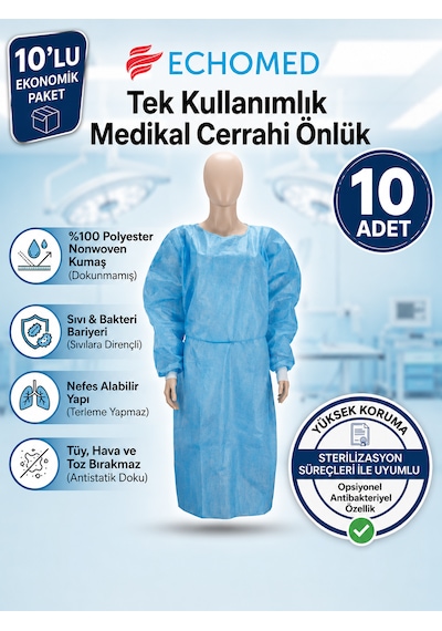Echomed 10'lu Paket Tek Kullanımlık Medikal Cerrahi Önlük