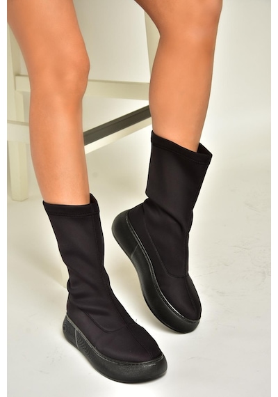 Fox Shoes T811230904 Siyah Kumaş Kalın Tabanlı Kadın Bot Siyah-Kumaş Siyah
