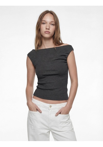 Koton Slim Fit Drape Detaylı Asimetrik Yaka Kolsuz Bluz Antrasit 6sal30154ık Antrasit