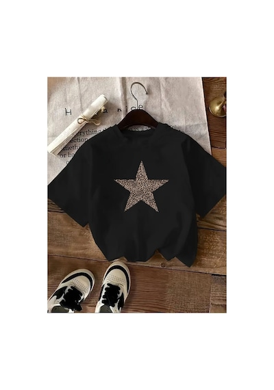 Medinenur Leopar Desenli Yıldız Detaylı Basic T-shirt Siyah
