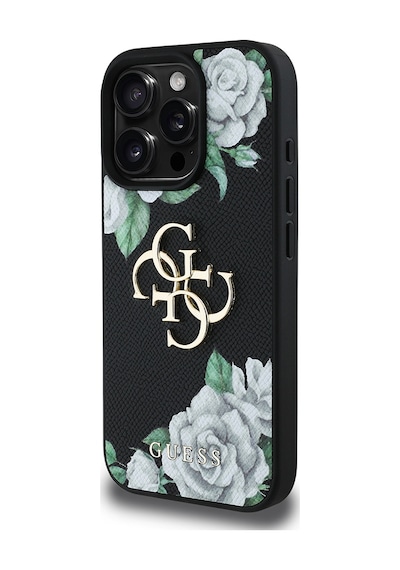 Apple Uyumlu iPhone 16 Pro Kılıf Guess Lisanslı Beyaz Gül Baskılı Büyük 4g Metal Logolu Kapak Siyah