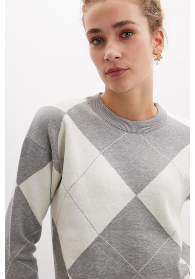 Styleboom X Peraluna Oxford Pullover Bisiklet Yaka Baklava Desen Kadın Triko Kazak - Gri Melanj-gri Melanj Gri Melanj