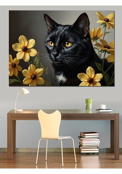 Ahşap Tablo Çiçekler İçinde Siyah Kedi Portresi Şehir Tabloları