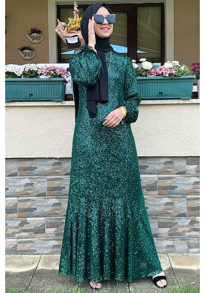 Rabia Şamlı Pırıl Zümrüt Yeşili Elbise Normal