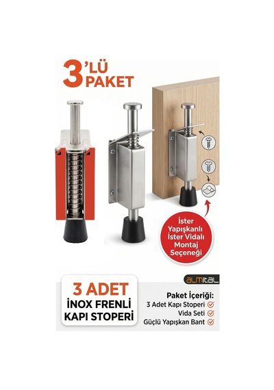 3 Adet Paslanmaz Basmalı Kapı Stoperi - Freni - Yapışkanlı Veya Vidalı Inox Kapı Sabitleyici Tutucu