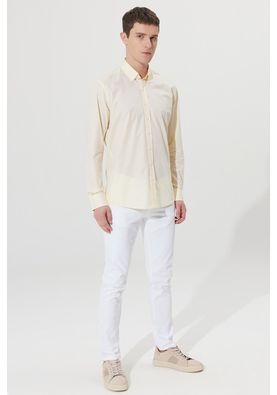 Erkek Sarı Slim Fit Dar Kesim %100 Pamuk Düğmeli Yaka Desenli Gömlek Sarı