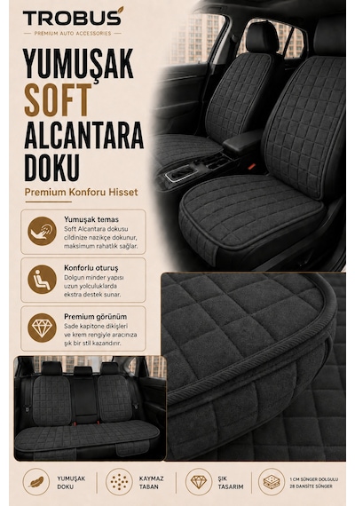Opel Astra 2000-2004 Üniversal Soft Alkantra Kare Desen 7 Parça Oto Koltuk Minderi Antrasit