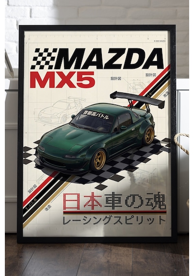 Mazda Mx5 Siyah Ahşap Çerçeveli Poster, Dekoratif Araba Duvar Tablosu