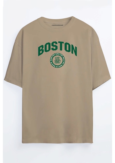 Boston Baskılı Unisex Oversize T-shirt Bej