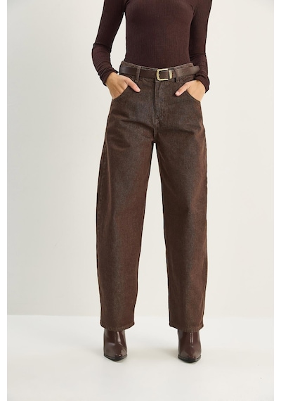 Shade Kadın Cep Detaylı Kemerli Baggy Denim Pantolon 5288 60283781 - Kahverengi