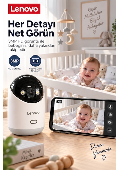 Lenovo Ev Kamerası Bebek Kamerası 2k 3mp, Wifi, Sesli, 360 Ptz, Mobil Kontrol, Hareket Takip, Iç Mekan Kamera Lnvc35u