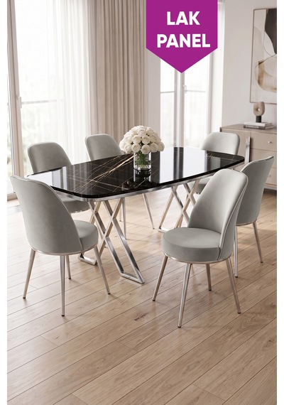 Peras Serisi 90x160 Lak Panel Siyah Mermer Desen Krom Ayaklı Masa Takımı 6 Sandalye Siyah Mermer Masa Gri Sandalye Peras Serisi 90x160 Lak Panel Siyah Mermer Desen Krom Ayaklı Masa Takımı 6 Sandalye Siyah Mermer Masa Gri Sandalye