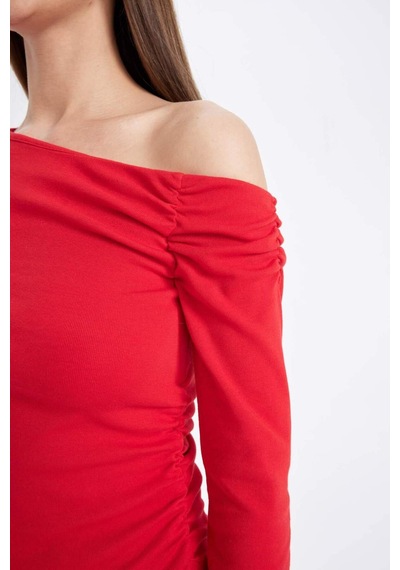 Defacto Kırmızı Slim Fit Dar Kesim Tek Omuzlu Ribana Basic Düz Uzun Kollu Tişört D4970AX24AURD117 Kırmızı
