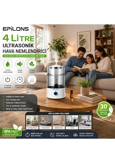 Rbh-04 Ultrasonik Hava Nemlendirici 4 Litre Buhar Makinesi Aroma Difüzörü - Otomatik Kapanma Lisinya