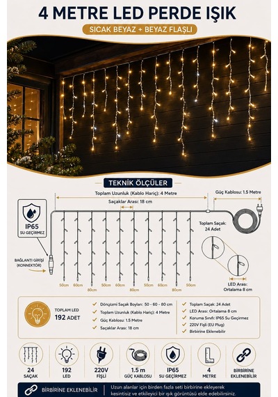4 Metre 192 Led Profesyonel Perde Led Işık Dış Mekan Kalın Kablolu Beyaz Flaşlı Kafe Restoran Bahçe Teras Aydınlatma Sarı