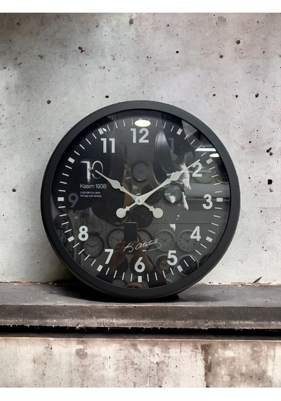Siyah Metal Çerçeveli Atatürk Duvar Salon Ofis Saati Çap 60 Cm Siyah