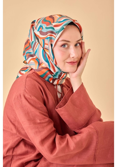 Silk Home Twill İpek Eşarp 11471-35 Kahverengi, Somon, Turuncu, Petrol Mavi, Mercan