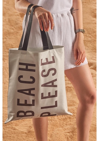 Beach Please Desen Baskılı Plaj Çantası Bej