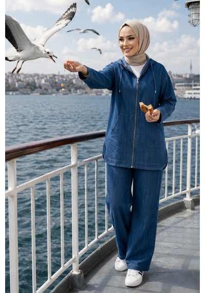 Hb Harma Time Butik Kadın Kapüşonlu Fermuarlı İnce Kot Koyu Mavi Tunik Pantolon Takım