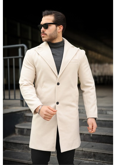 Slim Fit Astarlı Uzun Kaşe Kaban Krem