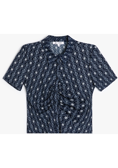Koton Drapeli Dokulu Gömlek Desenli Slim Fit Uzun Kollu Mavi Desenli 4sal10554ık Mavi