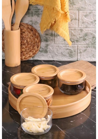 Bambum Duo 300ml 5'li Tepsili Bambu Silikonlu Kapaklı Hava Aldırmaz Cam Kahvaltılık